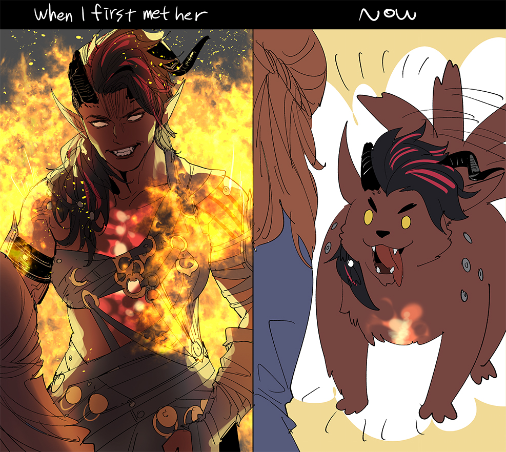 1girl, animalization, asymmetrical_clothes, baldur's_gate, baldur's_gate_3, bandeau, before_and_after, black_hair