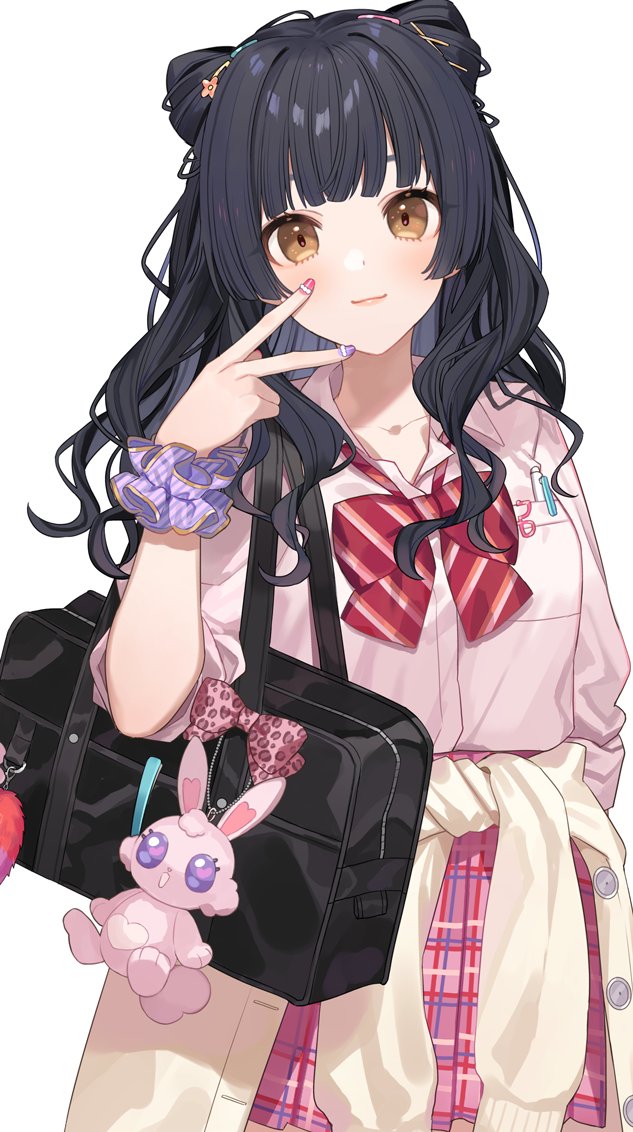 1girl, :3, alternate_costume, alternate_hairstyle, bag, black_bag, black_hair, blunt_bangs