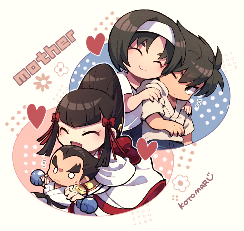 2boys, 2girls, black_hair, blank_eyes, boxing_gloves, closed_eyes, closed_mouth, english_text, hairband, hand_on_another's_shoulder, heart, hug, jacket, japanese_clothes, kazama_jin, kazama_jun, kimono, kotorai, mishima_kazumi_(tekken), mishima_kazuya, mother_and_son, multiple_boys, multiple_girls, one_eye_closed, open_mouth, red_ribbon, ribbon, shirt, signature, smile, sweatdrop, tekken, white_hairband, white_jacket, white_kimono, white_shirt