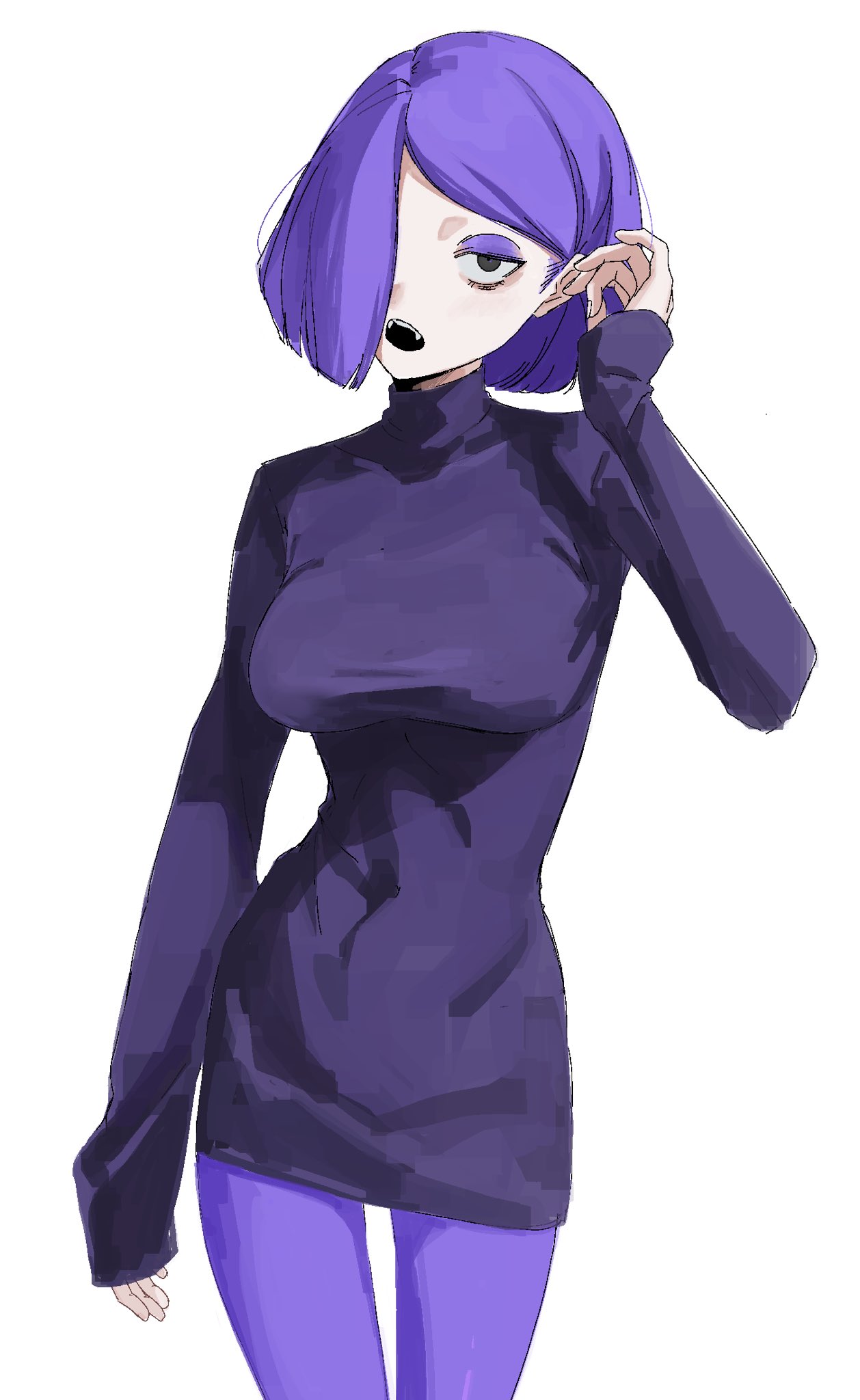 1girl, black_eyes, breasts, duolingo, eyeshadow, hair_behind_ear, hair_over_one_eye, highres