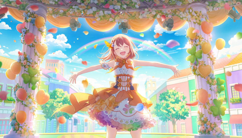 1girl, ^_^, apartment, arm_cuffs, armband, armpits, awning, back_bow, backlighting, balloon, bare_arms, black_corset, blue_flower, blue_rose, blue_sky, blurry, bow, braid, brooch, brown_hair, building, buttons, center_frills, city, closed_eyes, clothing_cutout, clouds, cloudy_sky, clover, clover_balloon, clover_brooch, clover_cutout, clover_print, collared_shirt, colorful, colorful_festival_(project_sekai), colorful_palette, column, corset, cowboy_shot, day, depth_of_field, diamond_(gemstone), diamond_brooch, diamond_hair_ornament, door, dot_nose, eyelashes, facing_viewer, feather_hair_ornament, feathers, floating_hair, flower, frilled_armband, frilled_corset, frilled_shirt_collar, frilled_skirt, frills, game_cg, gerbera, glint, gradient_skirt, hair_between_eyes, hair_ornament, hanasato_minori, happy, head_tilt, highres, jewelry, legs_apart, light_particles, medium_hair, multicolored_clothes, multicolored_skirt, neck_ribbon, official_art, old_town_square, open_mouth, orange_bow, orange_feathers, orange_flower, orange_gemstone, orange_ribbon, orange_rose, orange_theme, outdoors, outstretched_arms, petals, pillar, plant, project_sekai, purple_flower, rainbow, ribbon, rose, shirt, short_braid, side_braid, single_braid, single_horizontal_stripe, skirt, sky, sleeveless, sleeveless_shirt, solo, spread_arms, stage_curtains, stage_lights, striped, striped_corset, sunlight, swept_bangs, third-party_source, tile_roof, tower, tree, truss, vanishing_point, vertical-striped_corset, vertical_stripes, vines, waist_cape, white_armband, white_flower, white_rose, white_shirt, white_skirt, window, wing_brooch, yellow_flower