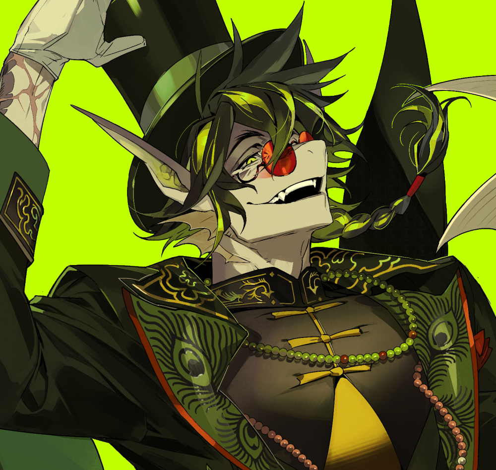 1boy, arknights, braid, commentary_request, dragon_boy, dragon_ears, fangs, fins