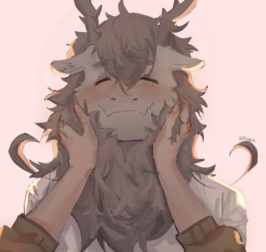 1boy, 1other, ao_lie_(feiren_zai), blush, brown_sleeves, closed_eyes, dragon_boy, dragon_ears