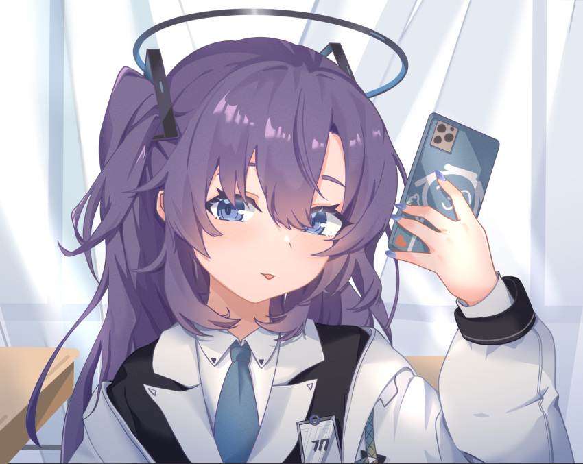 1girl, 8_nana_usagi, blue_archive, blue_eyes, blue_necktie, cellphone, collared_shirt, hair_between_eyes