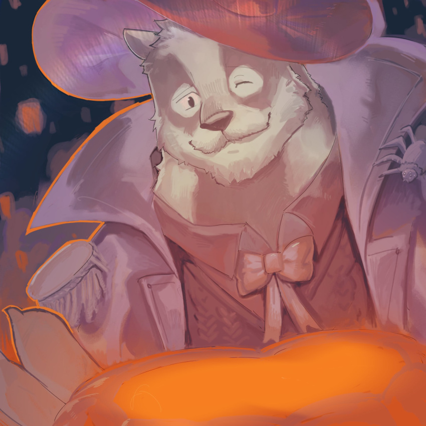 1boy, badger_boy, badger_ears, bug, echo_project, english_commentary, furry, furry_male, halloween, halloween_costume, highres, lodgebert, looking_at_viewer, male_focus, nikolai_krol_(the_smoke_room), one_eye_closed, smile, spider, the_smoke_room, upper_body