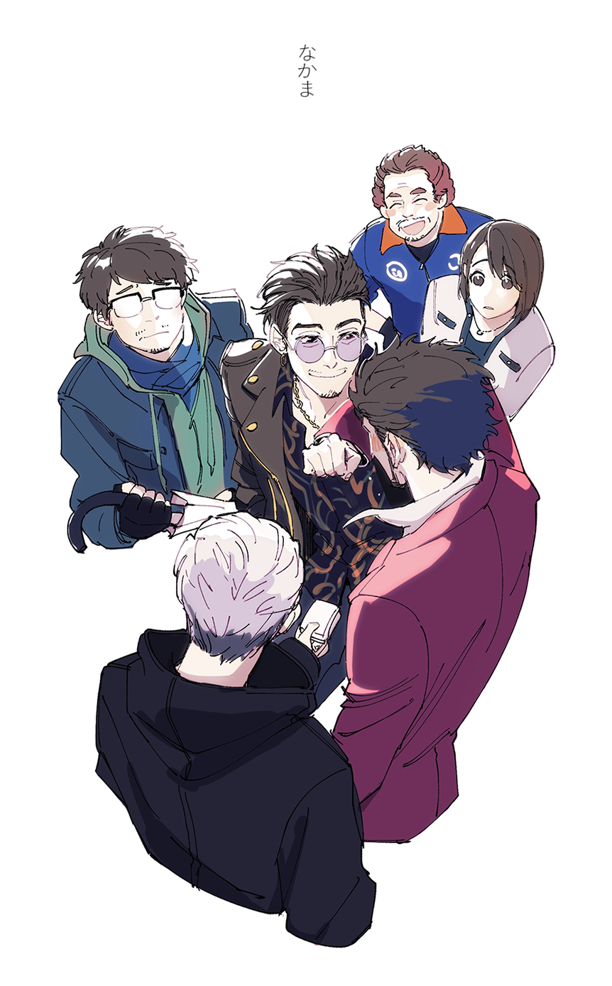 1girl, 5boys, :d, ^_^, adachi_koichi, beard, black_hair, black_jacket