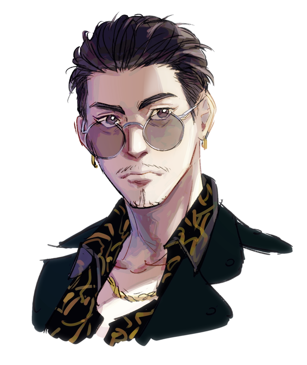 1boy, beard, black_eyes, black_hair, black_shirt, cho_(chorion), closed_mouth, collared_shirt