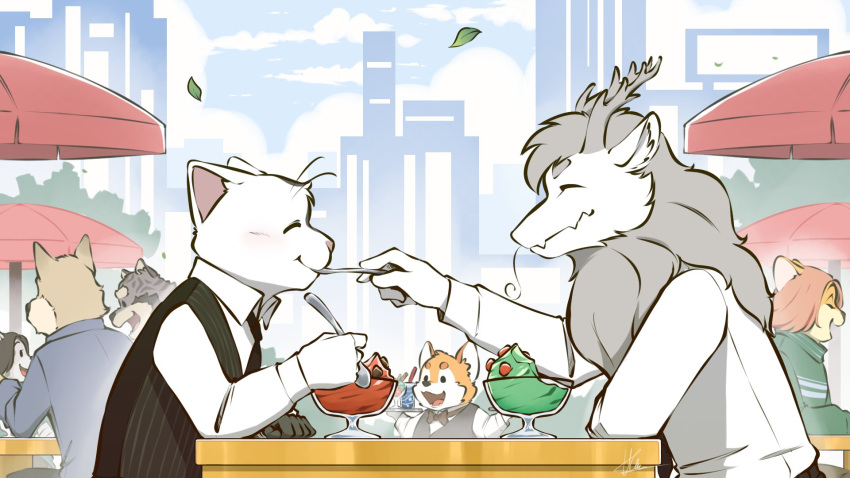2girls, 5boys, animal_ears, ao_lie_(feiren_zai), cat_boy, cat_ears, cityscape, closed_eyes