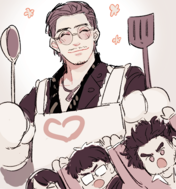 >_<, 1girl, 3boys, :o, ^_^, apron, arms_up, beard