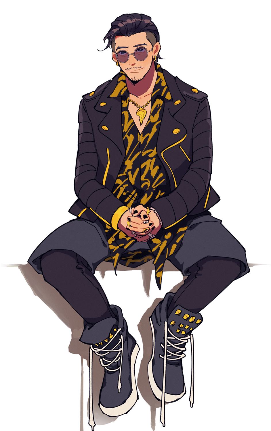 1boy, beard, black_footwear, black_hair, black_jacket, black_nails, black_pants, black_shirt