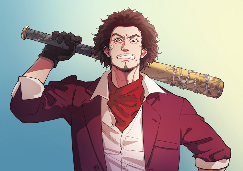 1boy, arm_up, bandaid, bandaid_on_face, bandana, bandana_around_neck, baseball_bat, beard