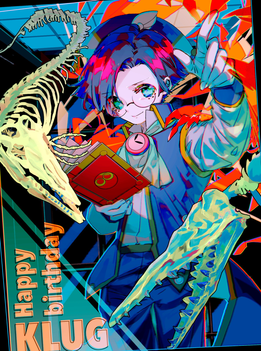 1boy, absurdres, animal_skeleton, arm_up, ascot, book, character_name, clock