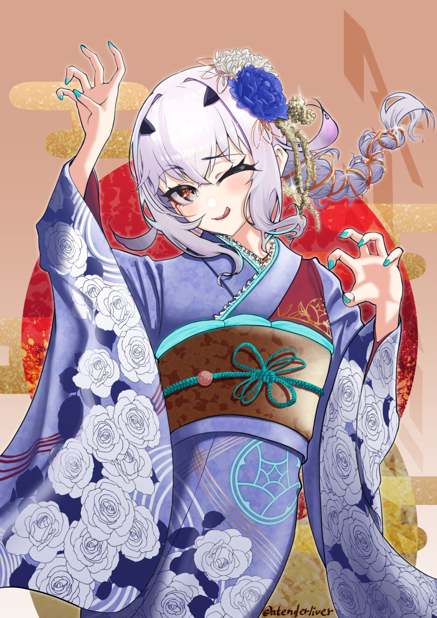 1girl, absurdres, atenderliver, blue_kimono, blush, breasts, fate/grand_order, fate_(series)