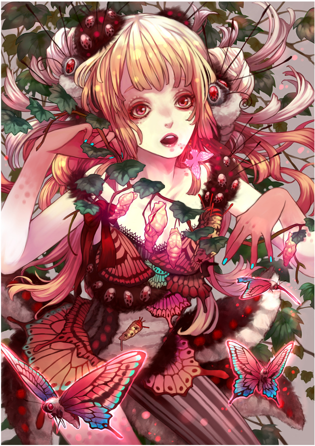 bonjour, butterfly, insect_girl, ivy, larva, larvae, red_eyes