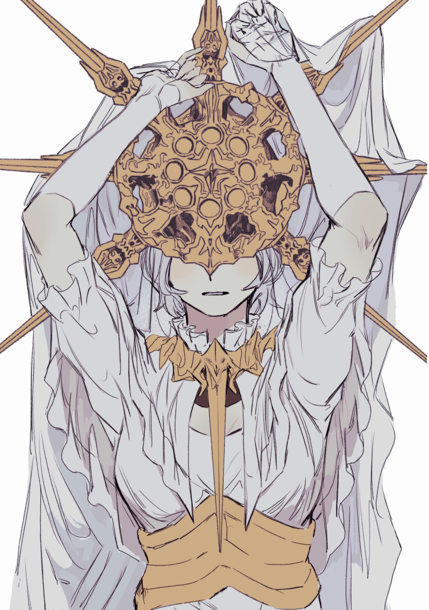 1boy, absurdres, arms_up, dark_souls_(series), dark_souls_i, dark_sun_gwyndolin, dress, fingerless_gloves, gloves, gold_headwear, gold_necklace, grey_hair, highres, jewelry, male_focus, necklace, otoko_no_ko, parted_lips, short_hair, short_sleeves, simple_background, solo, spiked_helmet, spiked_necklace, teeth, upper_body, white_background, white_dress, zunkome