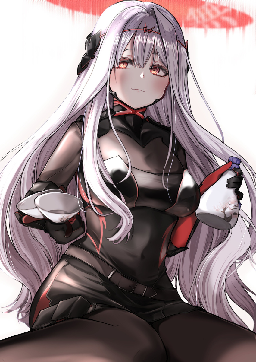1girl, absurdres, armor, black_armor, black_bodysuit, bodysuit, breasts, cup, goddess_of_victory:_nikke, grey_hair, halo, headgear, high_heels, highres, holding, holding_cup, long_hair, looking_at_viewer, reaching, reaching_towards_viewer, rose_(nikke), shio_butter_(obscurityonline), shoulder_armor, simple_background, sitting, solo, white_background