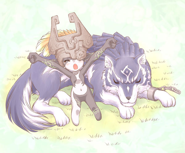 link, link_(wolf), midna, nintendo, pointy_ears, riolabo, sleeping, stretch, the_legend_of_zelda, twilight_princess, wolf