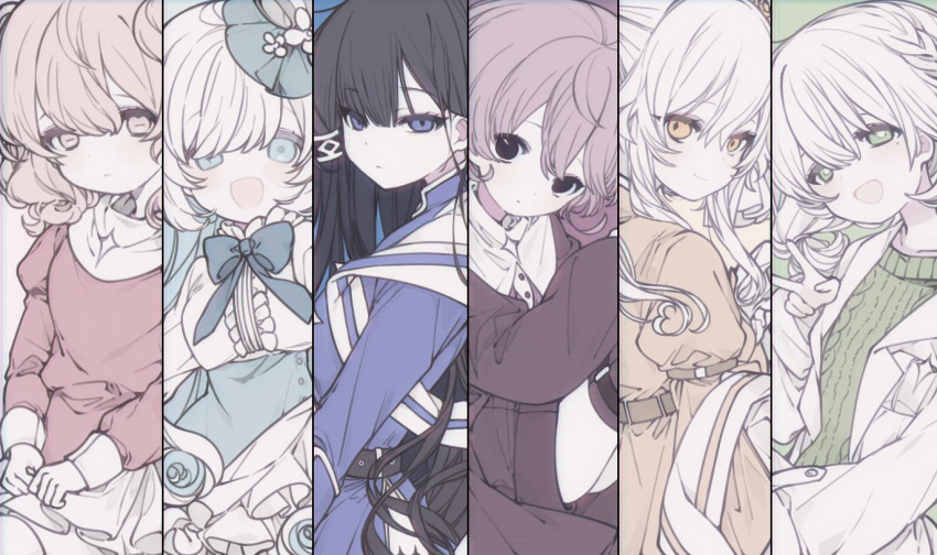 6+girls, :d, arne_alternata, black_eyes, black_hair, blue_eyes, clenched_hands, clione_myosotis, cross, cross_necklace, expressionless, frown, green_eyes, grette, hair_ornament, hairpin, haku_eckaran, happy_saint_sheol, huyucai, jewelry, lavieen_rose, limited_palette, maya_elbeth, multiple_girls, necklace, nun, official_art, pink_eyes, pink_hair, ribbon, smile, star_(symbol), v, white_hair, yellow_eyes