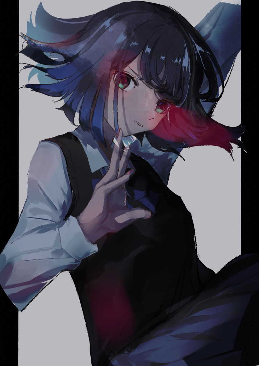 1girl, arm_up, black_sweater_vest, blue_bow, blue_bowtie, blue_eyes, blue_hair, blue_skirt