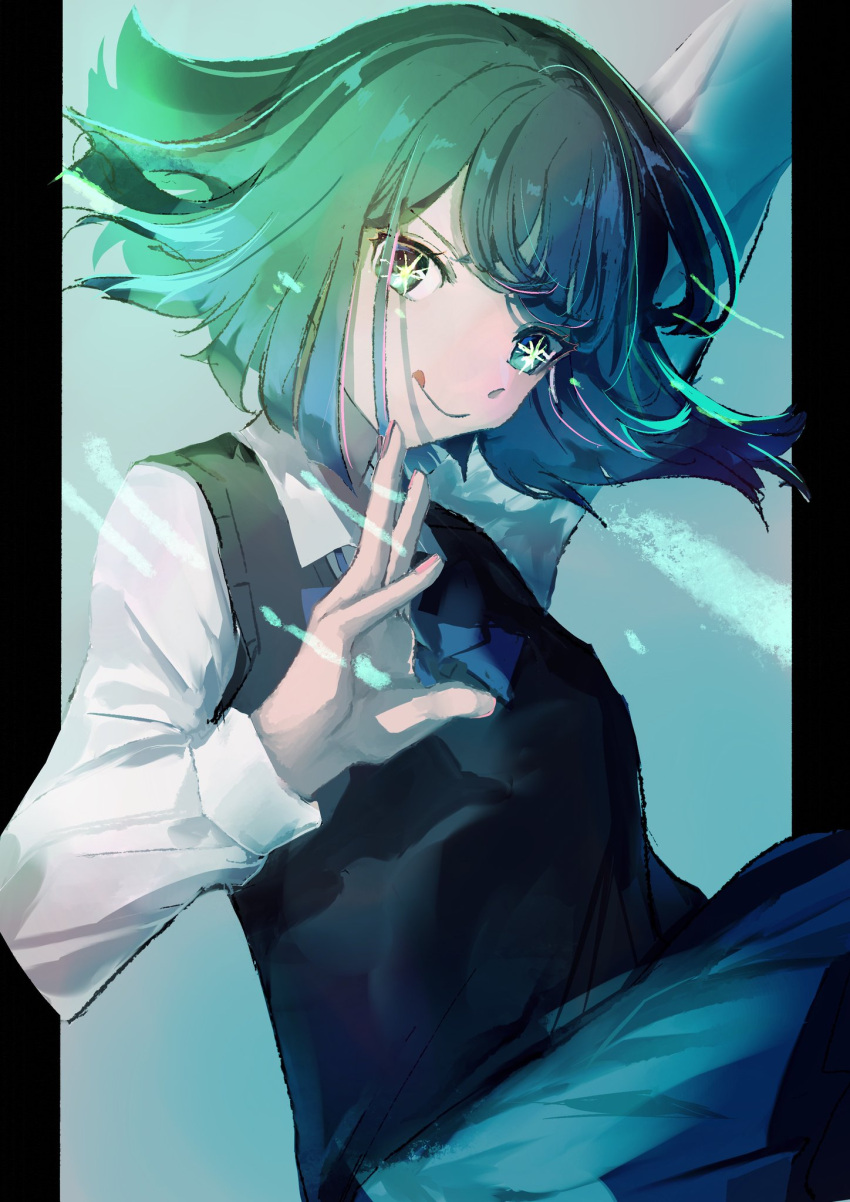 1girl, arm_up, black_sweater_vest, blue_bow, blue_bowtie, blue_eyes, blue_hair, blue_skirt