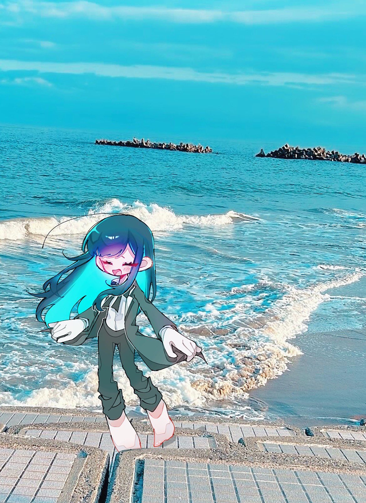 1girl, ado_(utaite), beach, black_bow, black_bowtie, black_coat, black_pants, blue_hair