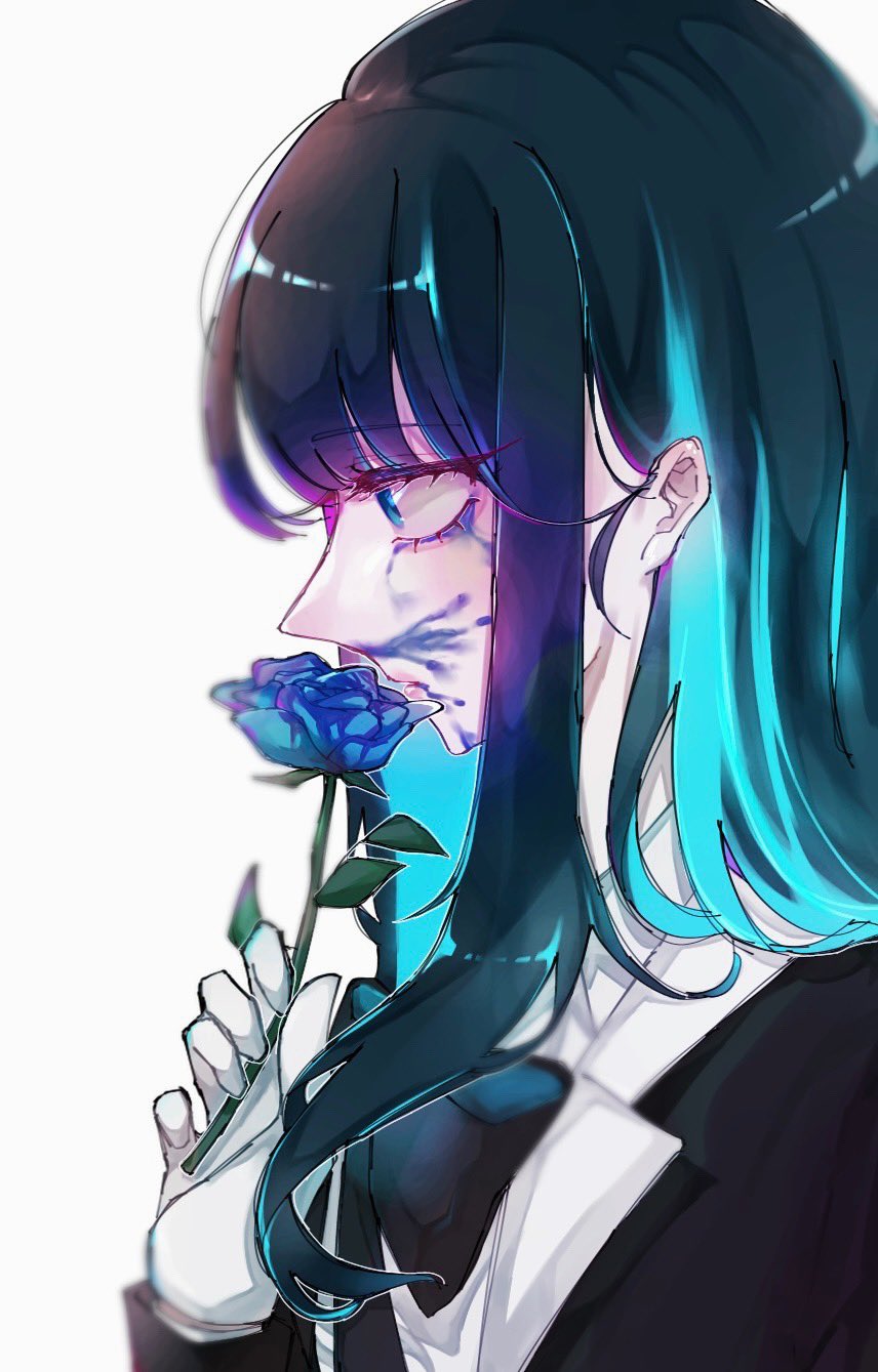 1girl, black_bow, black_bowtie, blue_eyes, blue_flower, blue_hair, blue_rose, bow