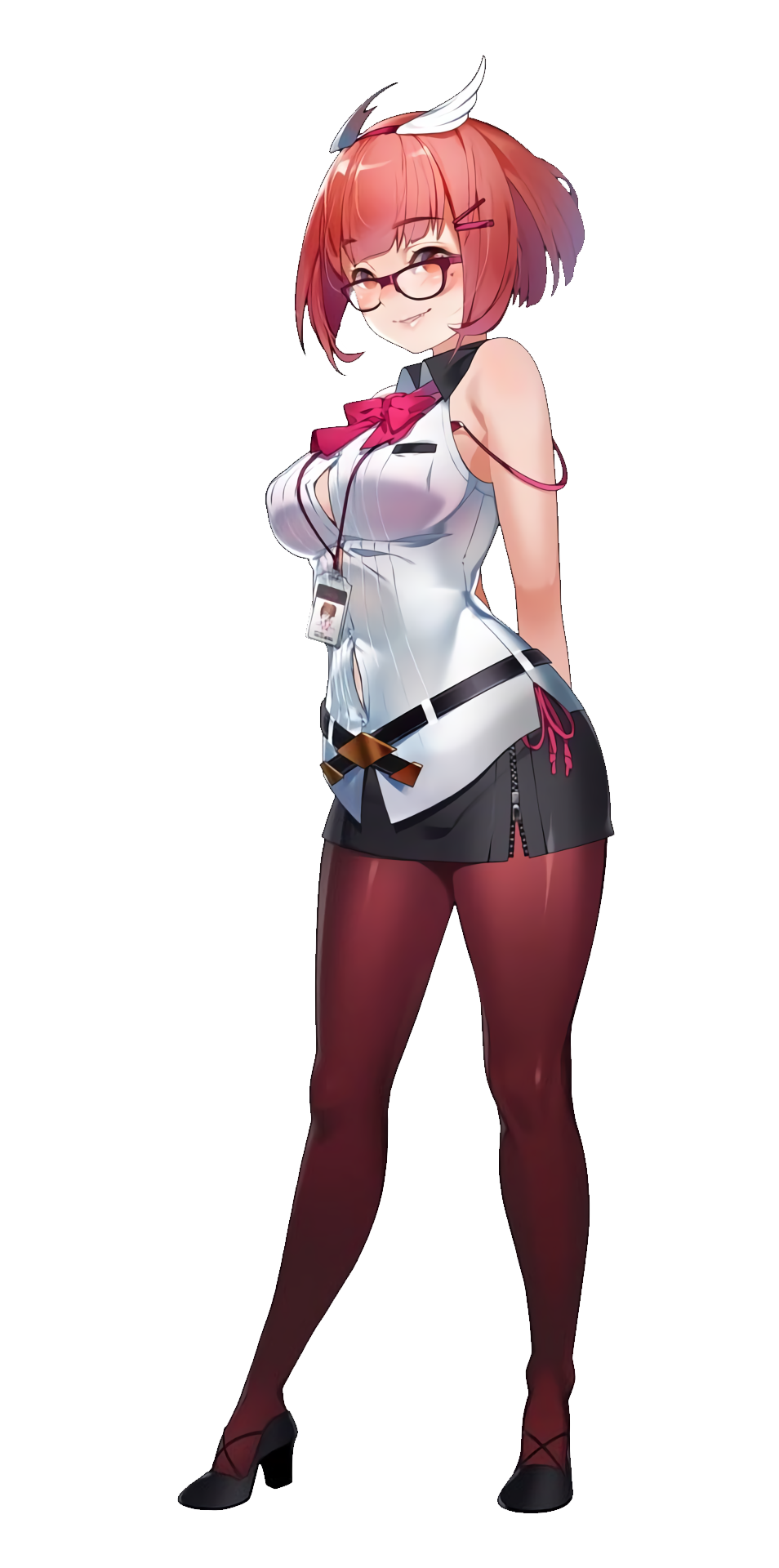 1girl, arms_behind_back, belt, black_belt, black_footwear, black_skirt, blunt_bangs, bob_cut, bow, bra_strap, bra_visible_through_clothes, breasts, button_gap, fang, full_body, game_cg, hair_ornament, hairband, hairpin, highres, joo_mi-ra, lanyard, light_blush, light_smile, looking_at_viewer, medium_breasts, miniskirt, miracle_snack_shop, mole, mole_under_eye, non-web_source, official_art, orange_eyes, orange_hair, panty_straps, pantyhose, pink_lips, platform_footwear, platform_heels, purple-framed_eyewear, rectangular_eyewear, red_bow, red_hairband, red_pantyhose, shirt, short_hair, side_slit, skirt, sleeveless, sleeveless_shirt, standing, strap_slip, ukero, white_background, white_shirt, winged_hair_ornament, winged_hairband, zipper_skirt