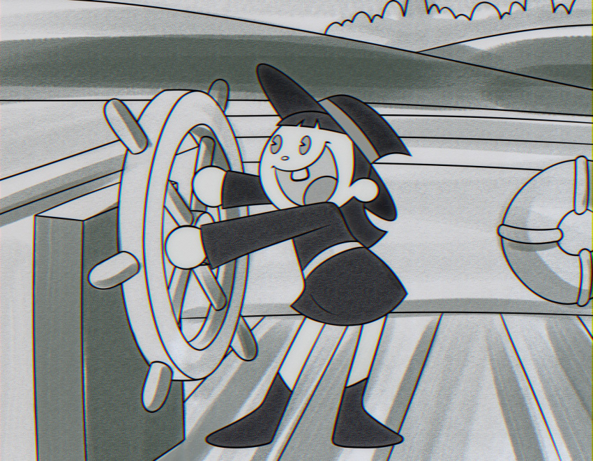 1920s_(style), 1girl, commentary, english_commentary, hat, highres, kagari_atsuko, little_witch_academia, luna_nova_school_uniform, medium_hair, open_mouth, parody, school_uniform, single_tooth, solo, standing, stargazing_ori, steamboat_willie, steering_wheel, witch, witch_hat