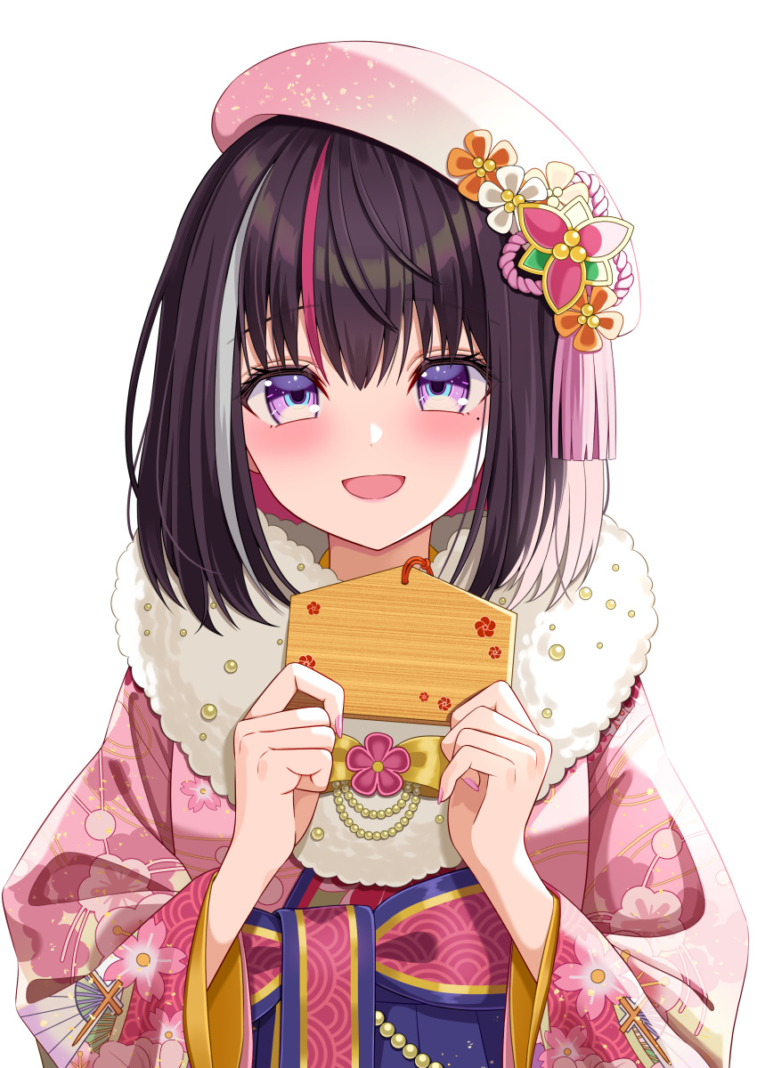 1girl, absurdres, azki_(hololive), azki_(new_year)_(hololive), beret, blush, bob_cut, brown_hair