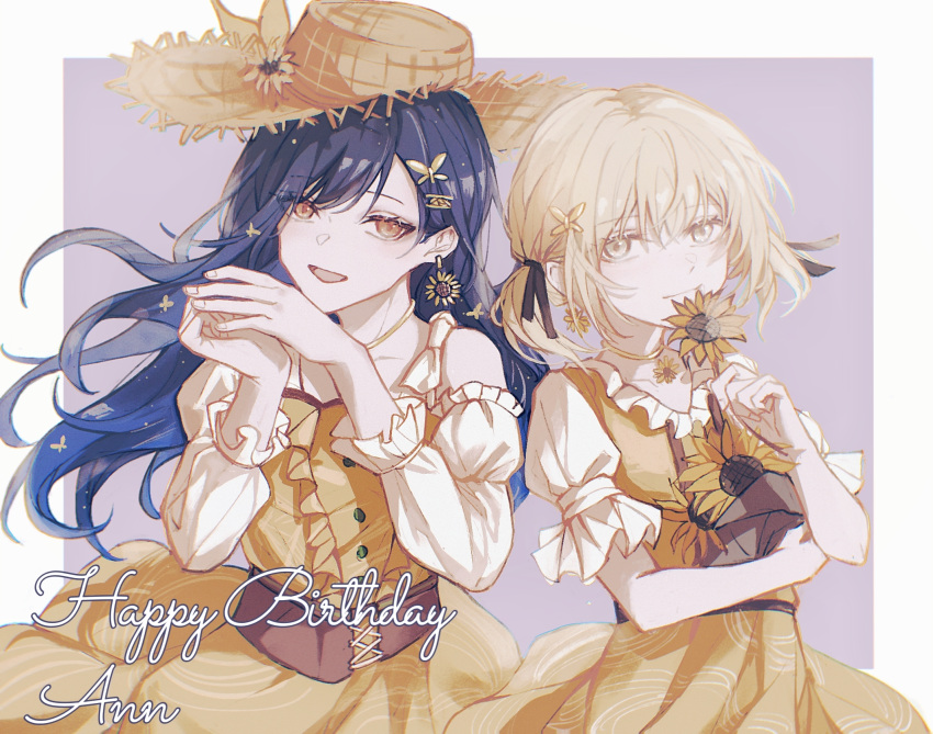 2girls, azusawa_kohane, black_ribbon, blonde_hair, blue_hair, border, brown_eyes, brown_headwear