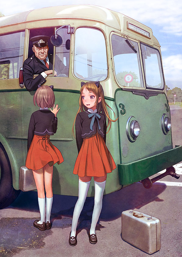 1boy, 2girls, animal_ears, black_shirt, briefcase, brown_eyes, brown_hair, bus, cat_ears, loafers, long_hair, motor_vehicle, multiple_girls, murata_range, red_skirt, ribbon, school_uniform, shirt, shoes, short_hair, skirt, socks, thigh-highs, thighs, uniform