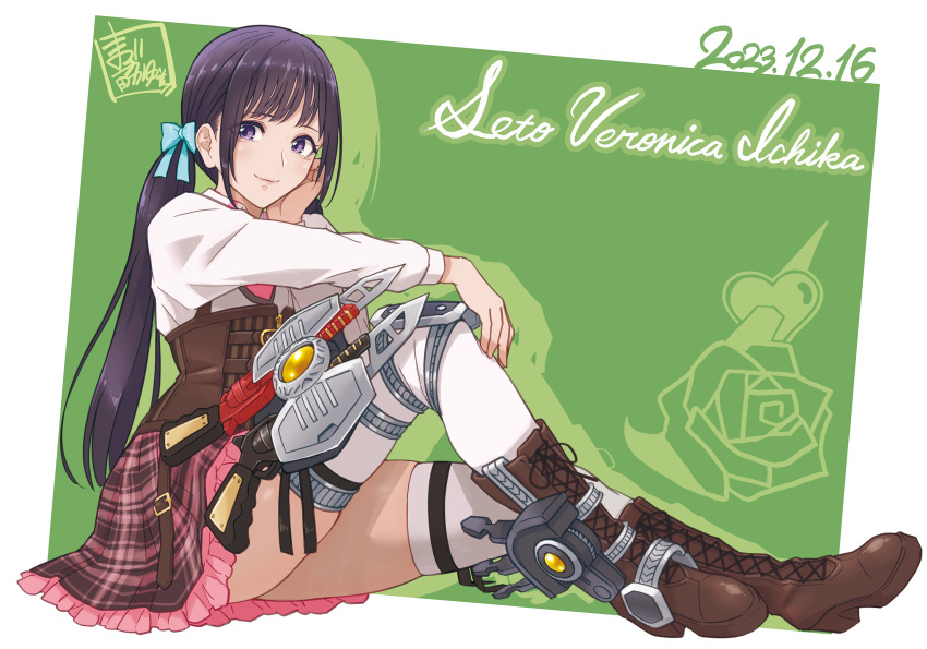 1girl, ankle_strap, artist_name, assault_lily, black_hair, blue_bow, boots, bow