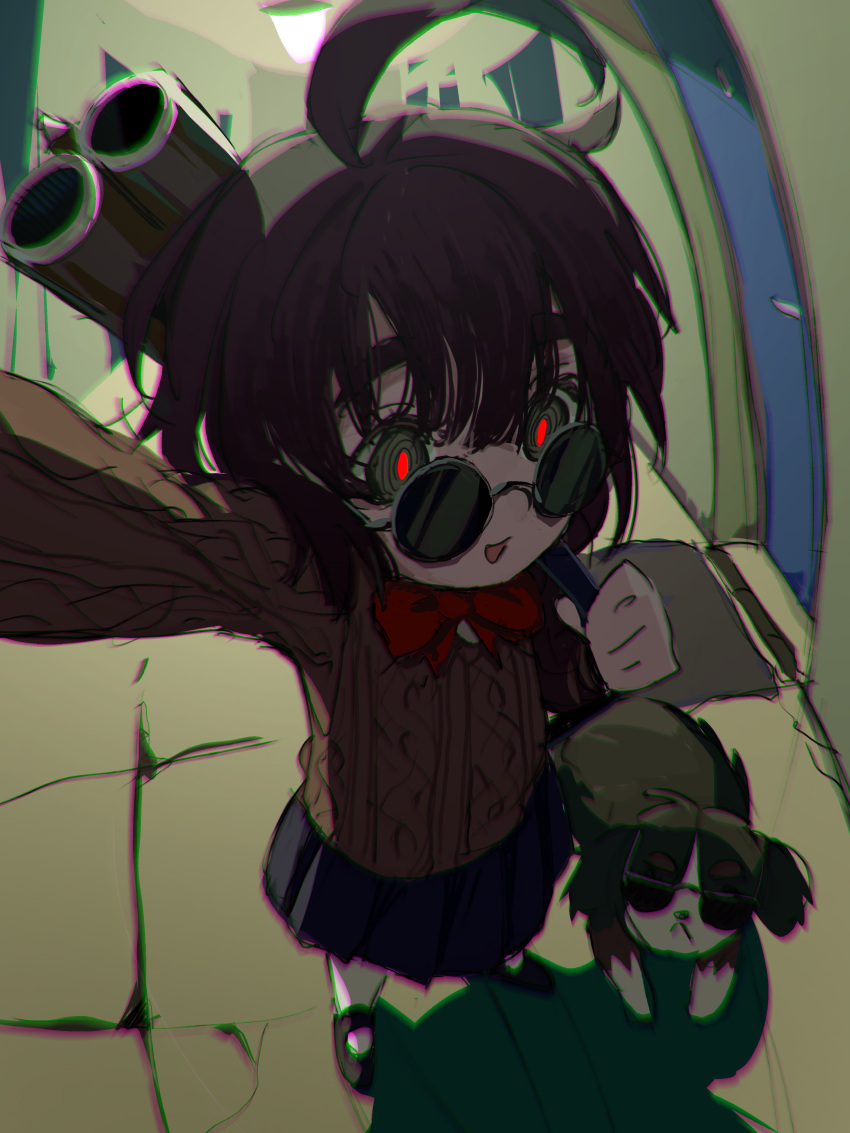 >:(, 1girl, :d, @_@, absurdres, ahoge, arm_up, bell_ringing