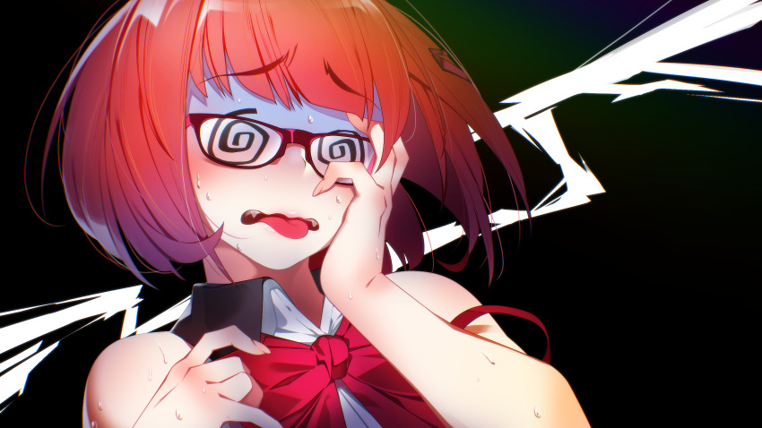 1girl, @_@, black_background, blunt_bangs, bob_cut, bow, bra_strap, close-up