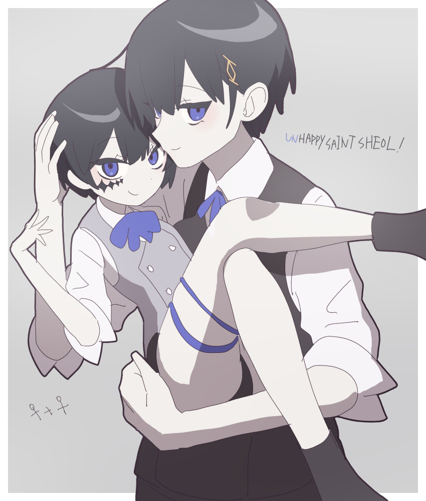 122pxsheol, 2girls, absurdres, april_fools, arne_alternata, black_hair, blue_eyes, blue_ribbon
