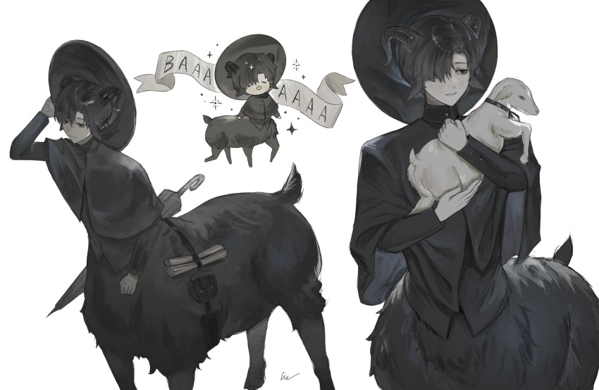 1boy, animal, animal_ears, black_capelet, black_fur, black_hair, black_headwear, black_horns