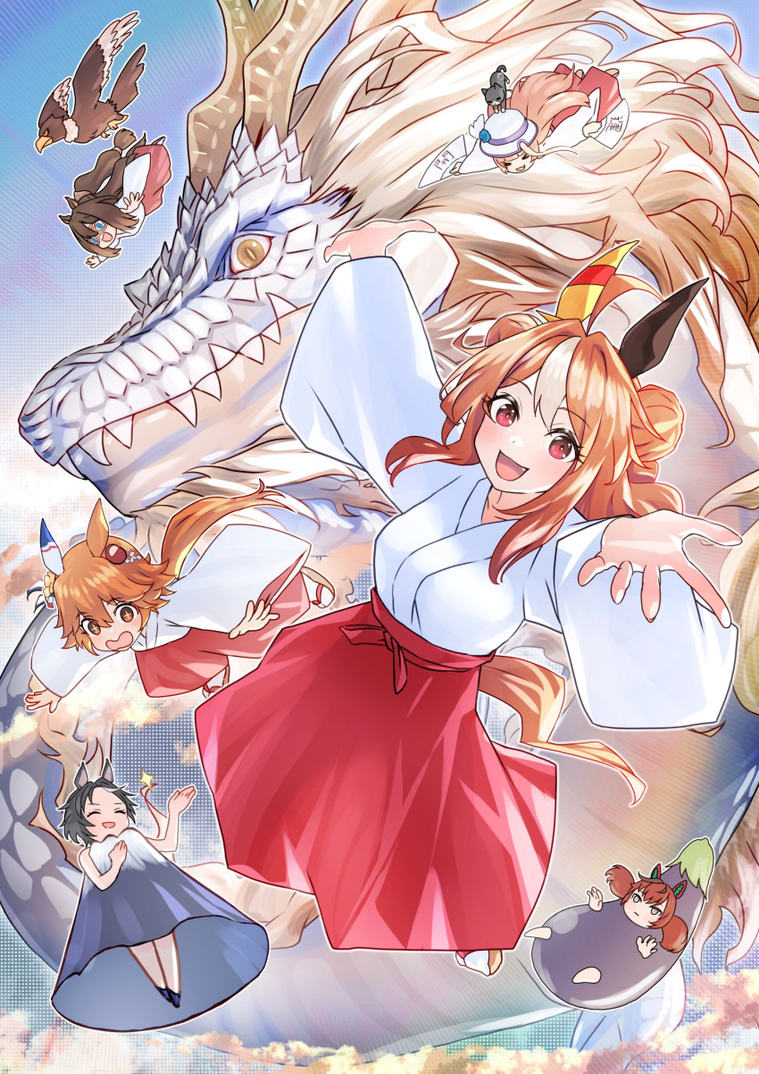 akikawa_yayoi_(umamusume), animal_ears, bird, brown_hair, copano_rickey_(umamusume), double_bun, dragon, ear_covers