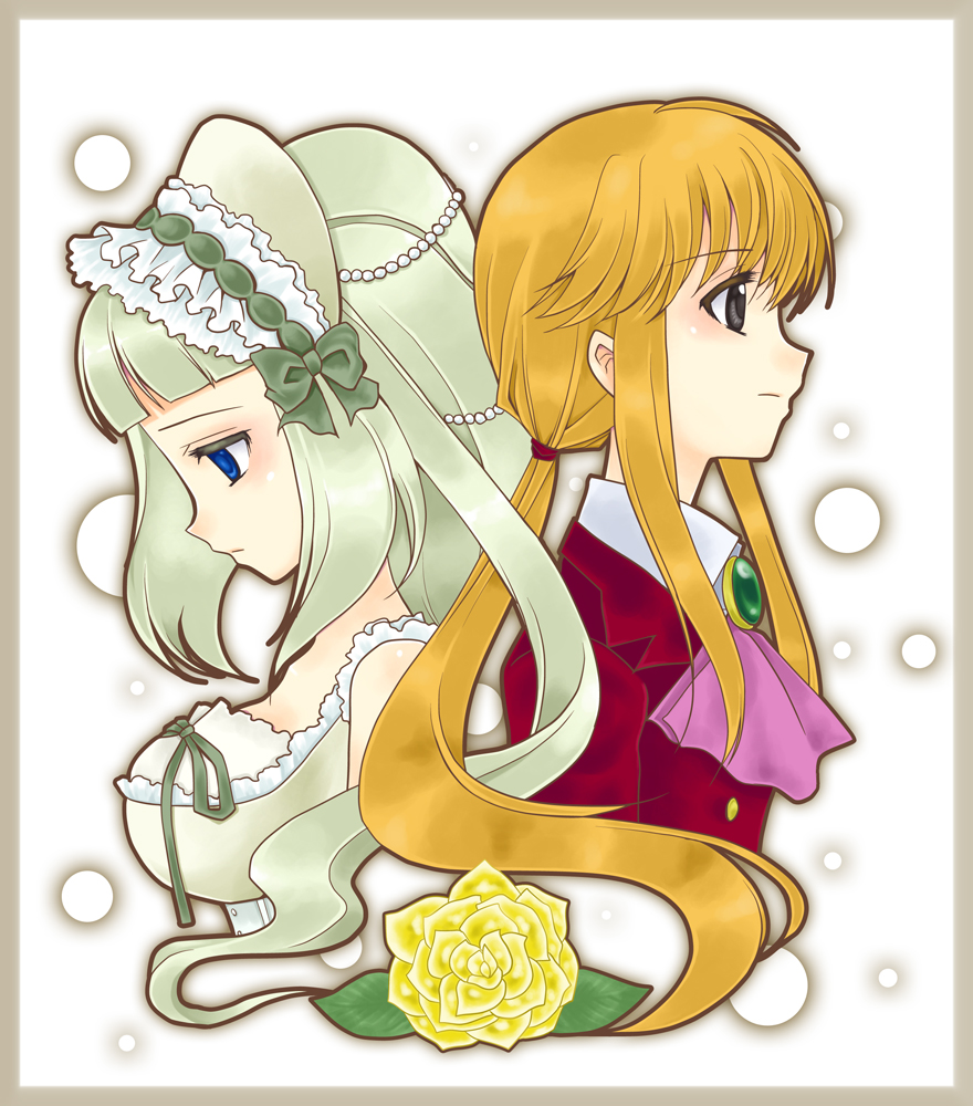 blonde_hair, blue_eyes, bow, claire_bernardus, flower, formal, jewelry, lolita_fashion, long_hair, multiple_girls, ponytail, rose, suit, umineko_no_naku_koro_ni, ushiromiya_leon, ushiromiya_lion, white_hair, yellow_rose, zoukin