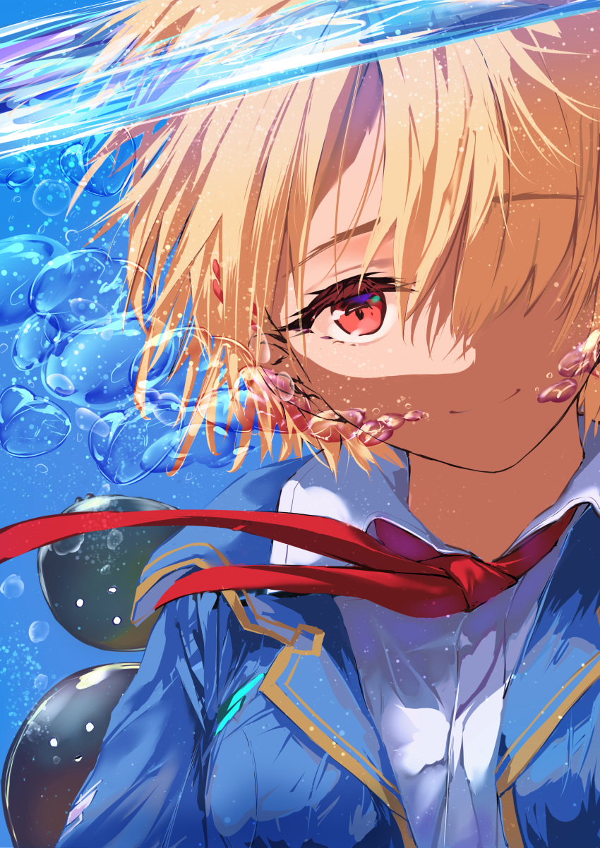 1girl, absurdres, air_bubble, blazer, blonde_hair, blue_jacket, breasts, bubble