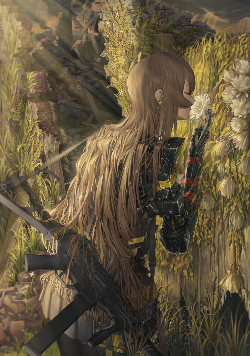 1girl, absurdres, black_pantyhose, brown_hair, closed_eyes, flower, girls_frontline, gun