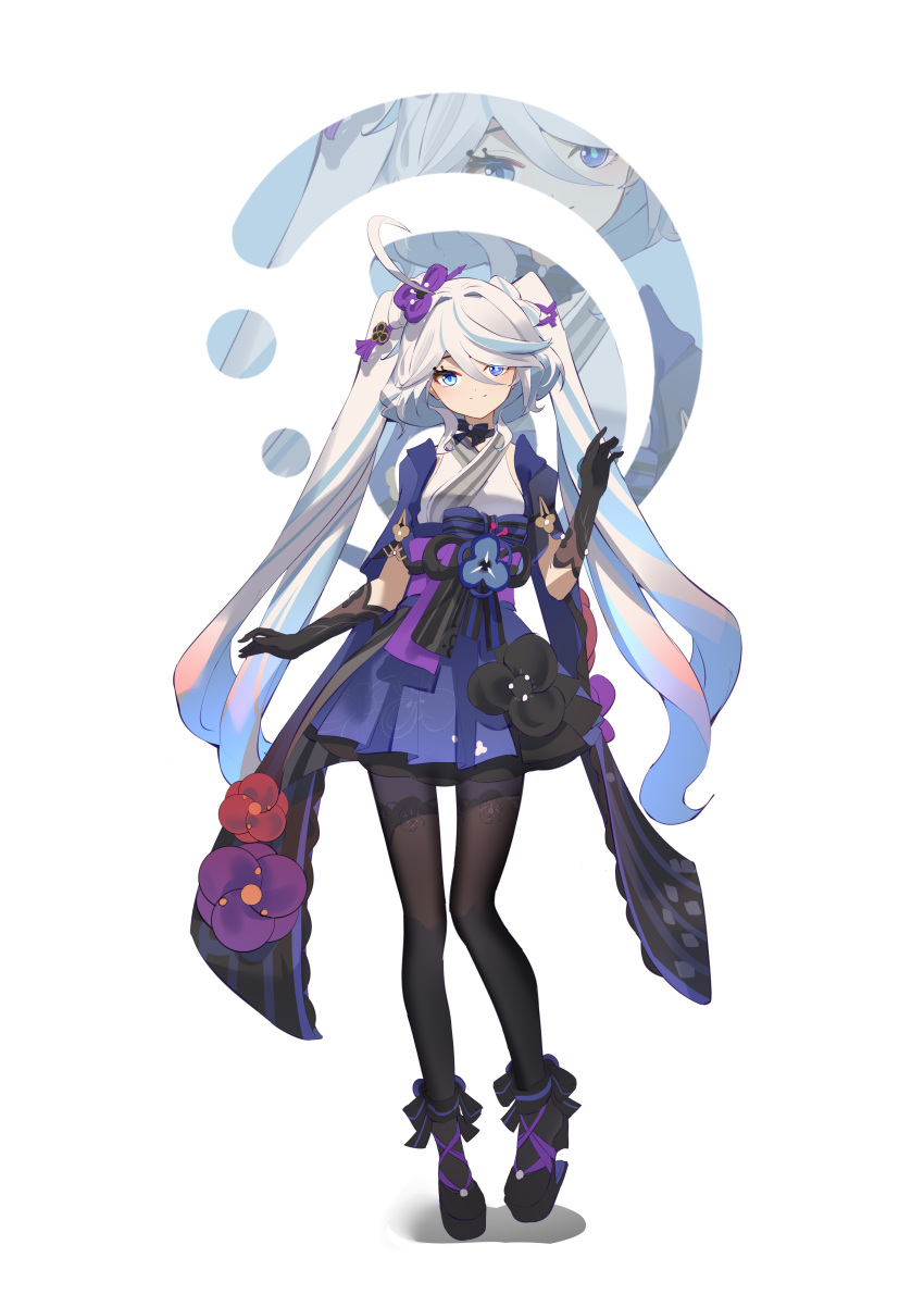 1girl, absurdres, adapted_costume, ahoge, black_footwear, black_gloves, black_pantyhose, blue_eyes