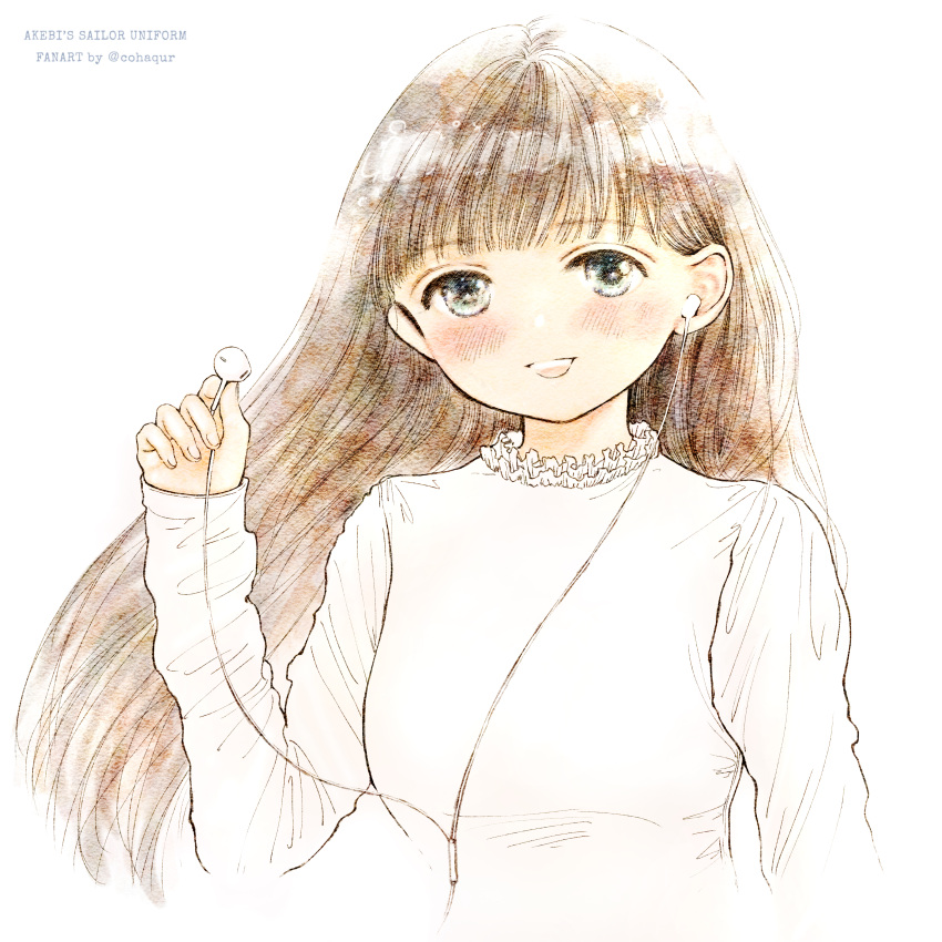 1girl, absurdres, akebi-chan_no_serafuku, akebi_komichi, artist_name, blush, brown_hair, cohaqur, copyright_name, earphones, earphones, highres, long_hair, long_sleeves, parted_lips, shirt, smile, upper_body, white_background, white_shirt