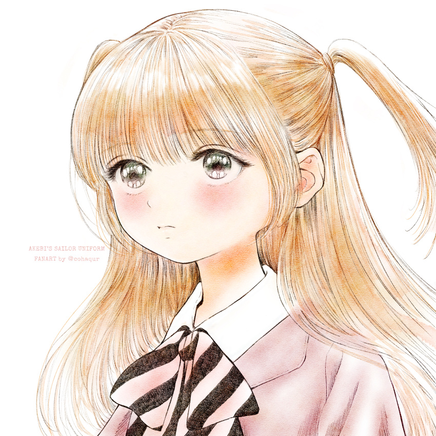 1girl, akebi-chan_no_serafuku, artist_name, black_eyes, blonde_hair, blush, bow, cohaqur, copyright_name, highres, kizaki_erika, long_hair, simple_background, striped, striped_bow, two_side_up, uniform, upper_body, white_background