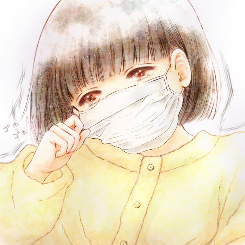 1girl, brown_eyes, brown_hair, cohaqur, coughing, hand_up, highres, looking_at_viewer