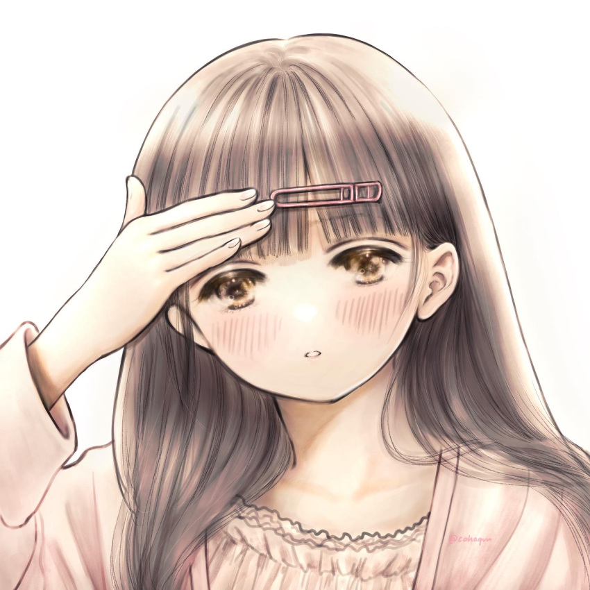 1girl, artist_name, blush, brown_eyes, brown_hair, cohaqur, hair_ornament, hairpin