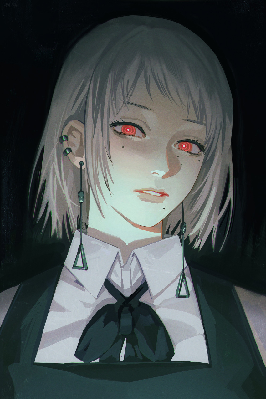 1girl, absurdres, chainsaw_man, commentary, ear_piercing, earrings, fami_(chainsaw_man), fourth_east_high_school_uniform