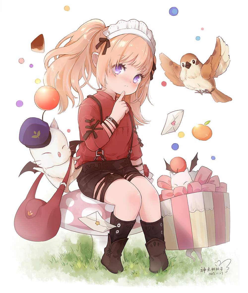 1girl, bird, box, brown_footwear, brown_hair, brown_shorts, brown_wristband, falling_letter