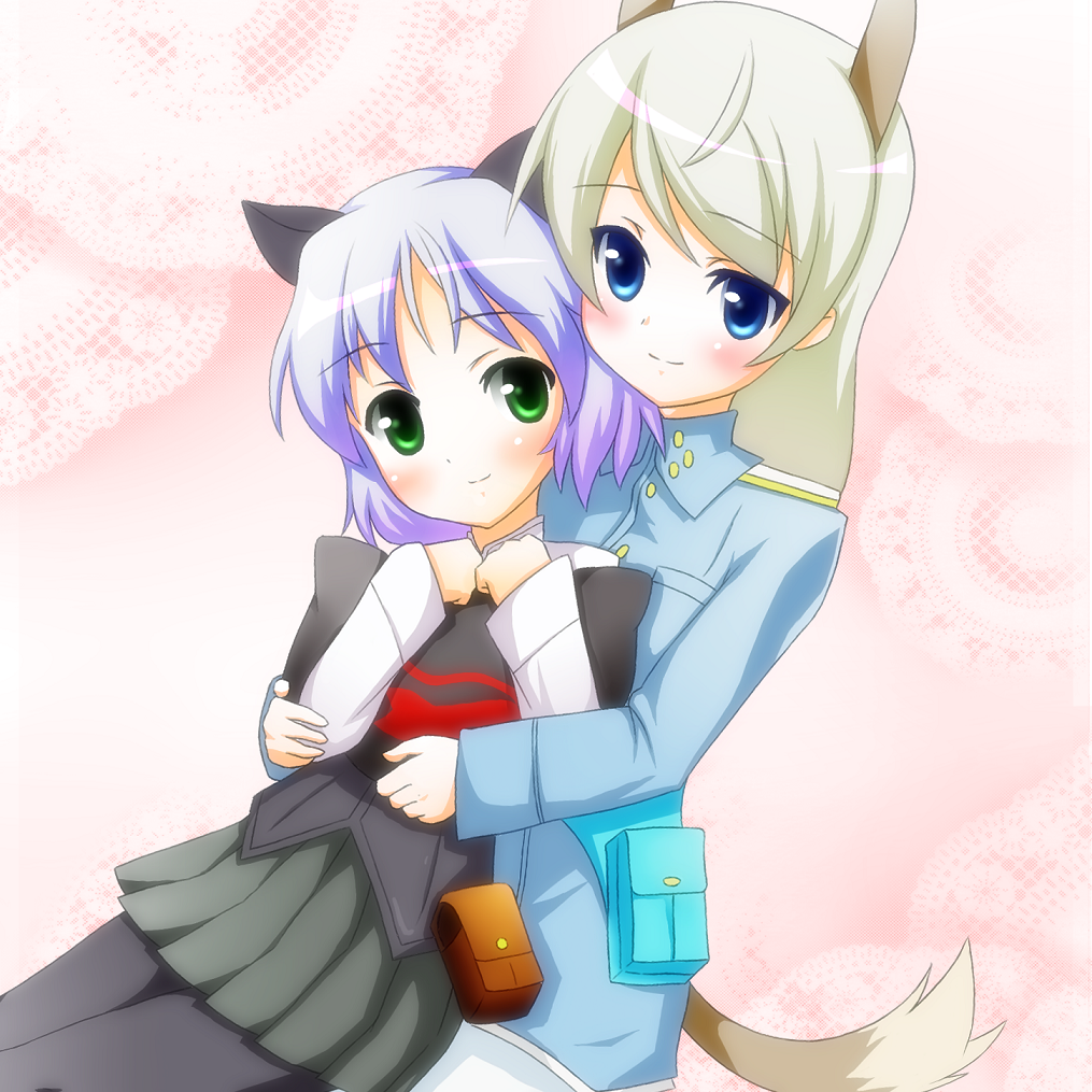 animal_ears, black_legwear, blonde_hair, blue_eyes, cat_ears, eila_ilmatar_juutilainen, fox_ears, fox_tail