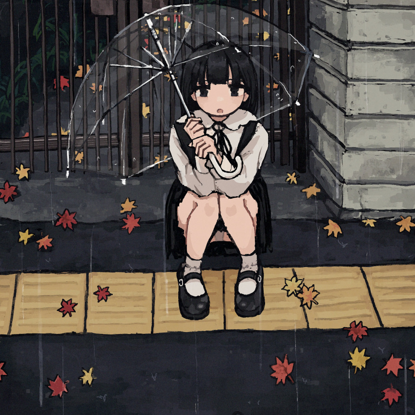 1girl, absurdres, autumn, autumn_leaves, black_eyes, black_hair, highres, holding, holding_umbrella, original, panties, rain, school_uniform, solo, transparent, transparent_umbrella, umbrella, underwear, uniunimikan