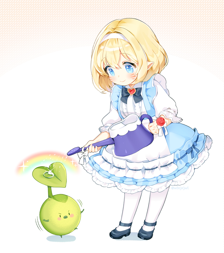 1girl, apron, black_footwear, blonde_hair, blue_dress, blue_eyes, bow, bowtie